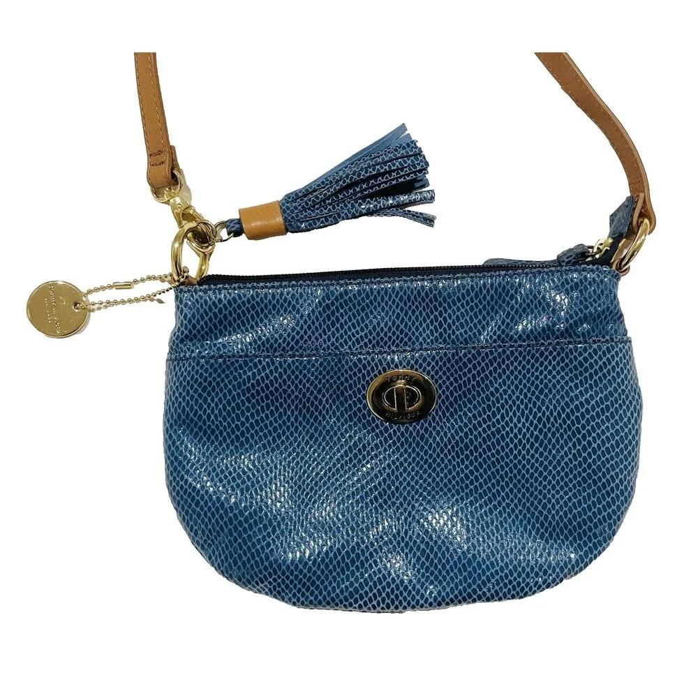 Vintage 80s Faux Snakeskin Tommy Hilfiger Crossbody Bag Blue Gold 9.5 In Tassel